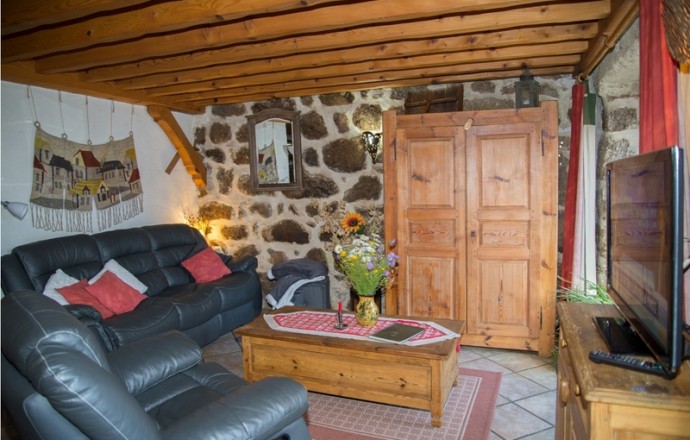 Salon avec canapés en cuir et mur en pierre